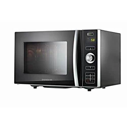 En sort og sølvfarvet mikrobølgeovn med et digitalt display, knapper og en drejeknap på højre side står på en hvid baggrund.